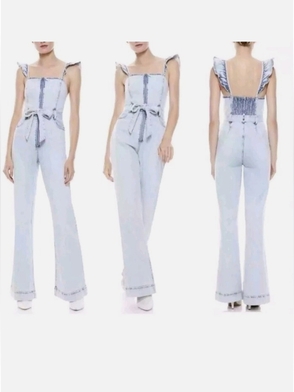 Alice + Olivia Light Blue Ruffled Strap High-Rise Flared Jumpsuit
